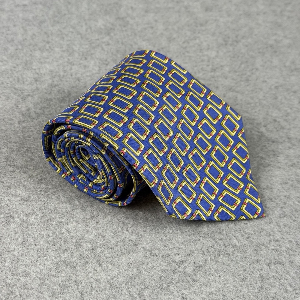 Vintage Gucci Silk Tie Blue Geometric Link Pattern Italy Necktie 58x3.75" NOTE